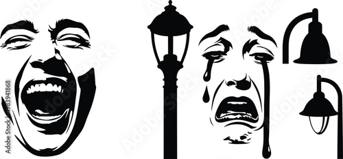 Laughing and Crying Faces with Street and Lamp Post Silhouettes