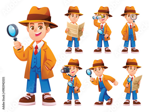 Professional boy detective character with magnifying glass, binoculars and camera. Vector cartoon illustration