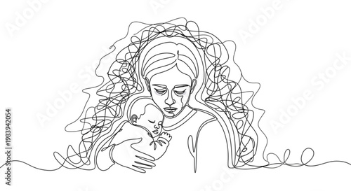 Continuous Line Art Tired Parent Holding Baby Parenting Exhaustion Minimalist Illustration