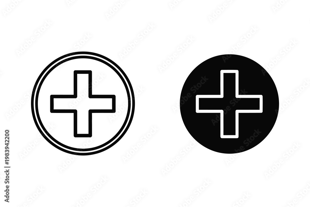 Fototapeta premium Medical cross symbol in circle, outline and solid black design, vector illustration