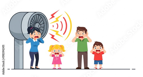 Family covering ears from loud noise source.
