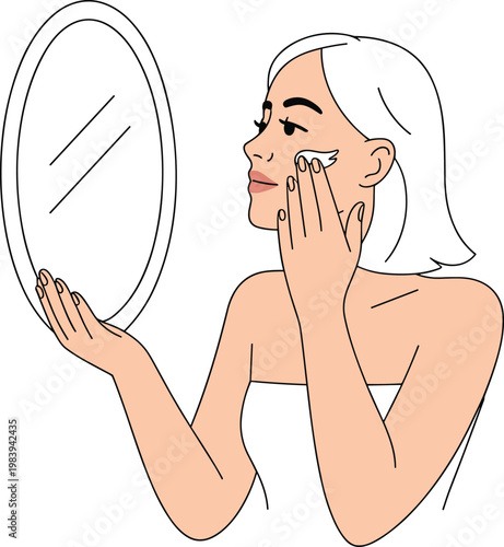 Woman looking in mirror applying moisturizing cream vector on white background.