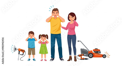 Family Covering Ears From Loud Noises Of Lawn Mower And Leaf Blower.