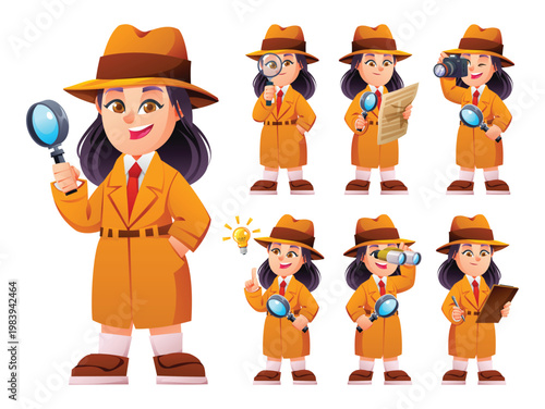 Girl detective character set with magnifying glass, camera, and investigation tools. Vector cartoon illustration