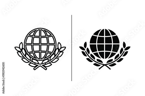 Black and white globe with laurel wreath symbols, isolated on white background, flat design vector illustration