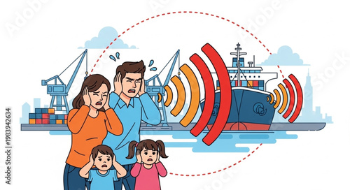 Family covering ears from loud ship noise at port.