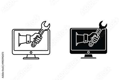 Hand holding wrench emerging from computer screen, computer repair service vector illustration