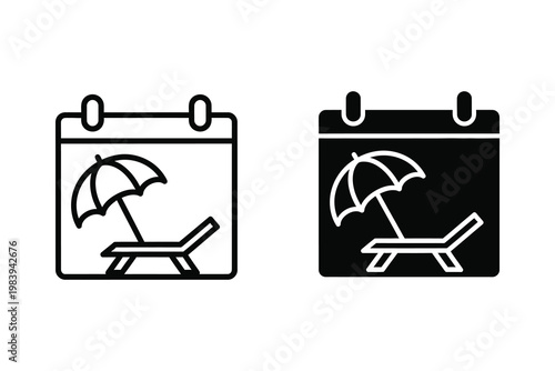 Calendar page with beach chair and umbrella icons, vacation planning vector illustration