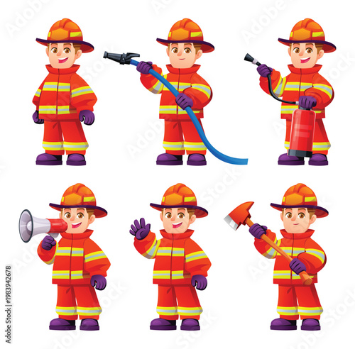 Boy firefighter character set with hose, axe, extinguisher and megaphone. Vector cartoon illustration