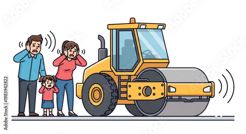 Family covering ears from loud steamroller noise construction site.