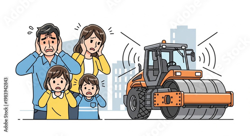 Family covering ears from loud steamroller noise construction site.