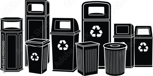 Black Recycling Bins and Trash Cans on White Background
