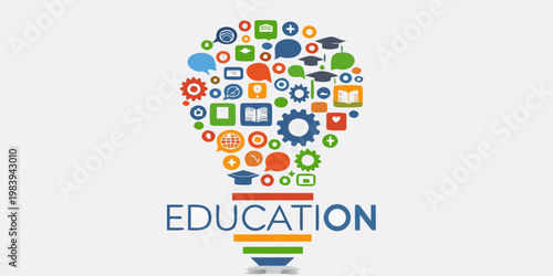 A colorful lightbulb shape filled with education related icons and symbols