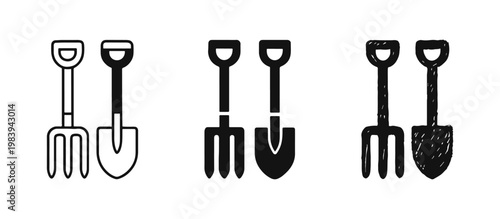 Gardening tools icons featuring shovel and pitchfork in three styles - outline, solid, and sketch