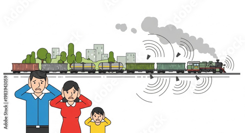 Family covering ears from loud train noise pollution in city.