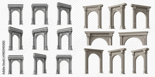 Set of ancient stone archways and portals, architectural elements in various perspectives.