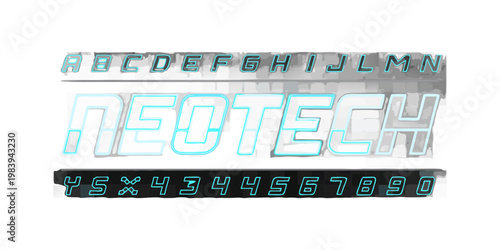Futuristic neon font displaying uppercase letters numbers and special characters