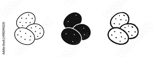 Potato vegetable icons set in outline, silhouette, and hand-drawn styles - agriculture food vector