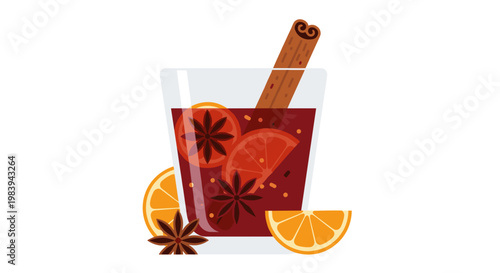 Illustration of a glass of mulled wine with spices including cinnamon and star anise, garnished with orange slices, on a white background
