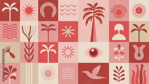 A modern geometric design pattern featuring various tropical plants and abstract shapes in a vibrant color scheme on a digital illustration.