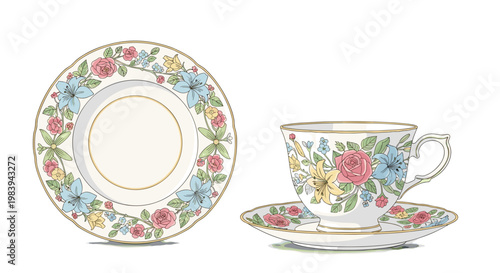 Elegant porcelain teacup set with floral patterns featuring roses and blue flowers, delicate gold trim, displayed on white background
