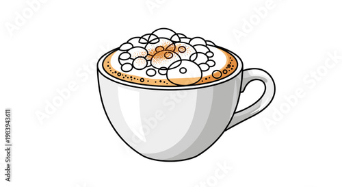 Illustration of a steaming cappuccino topped with cinnamon in a white ceramic cup on a clean white background, showcasing frothy milk bubbles and warm tones