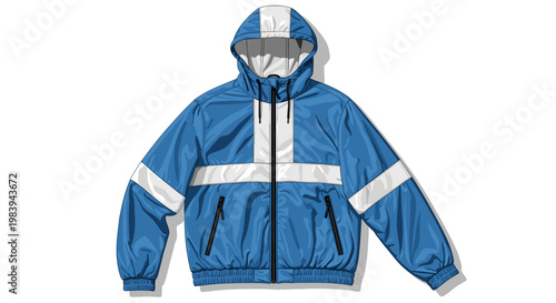 Blue windbreaker jacket with a white stripe design and hood, displayed on a white background, showcasing sporty style and functional fashion