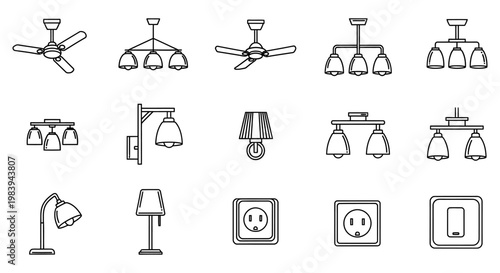 a collection of electrical lighting fixtures ceiling fans lamps outlets and switch icons for home interior design