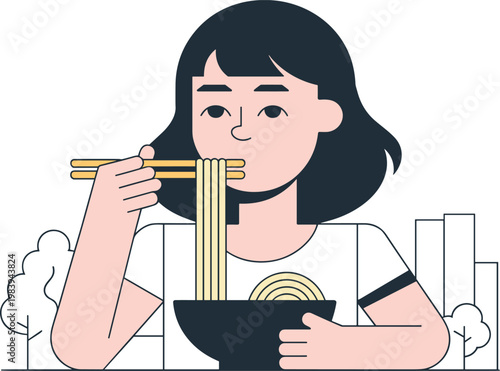 Asian girl eating noodles with chopsticks outdoors food vector on white background.
