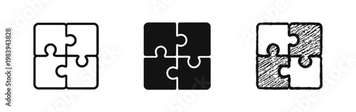 Jigsaw puzzle icons in outline, solid, and hand-drawn styles - problem solving and team work concept