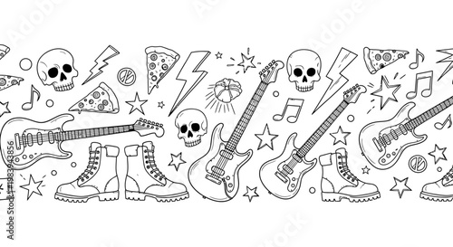 rock and roll doodle art with guitars skulls pizza and boots