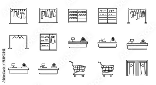 set of icons for a clothing store including racks shelves cash registers shopping carts and fitting rooms