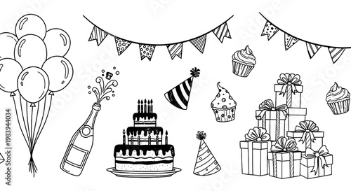 handdrawn black and white illustration of a birthday party with balloons cake gifts and champagne