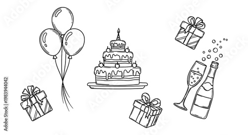 festive hand-drawn illustration of birthday cake balloons gifts and champagne for celebration