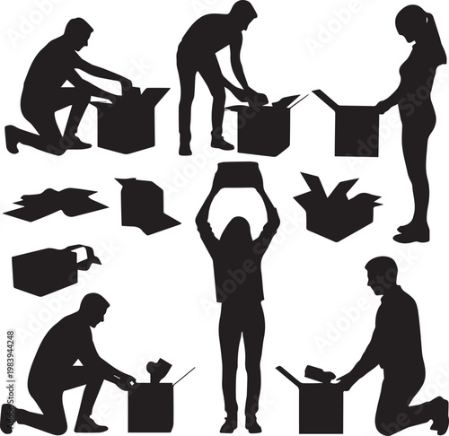 Black silhouette of diverse people performing various jobs and activities professions