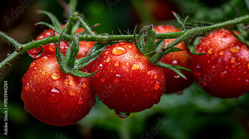 Fresh ripe tomatoes on the vine with water droplets in the garden droplets vegetable
