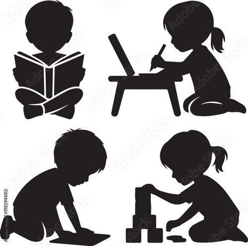 Four black silhouetted people performing different office tasks black silhouettes office workers des