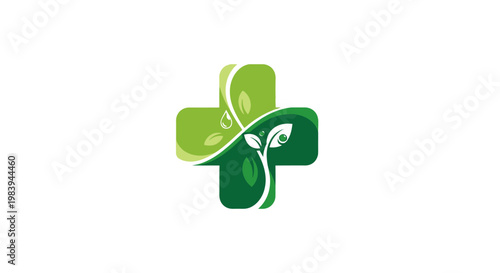 Green cross logo with leaves and vines on white background illustration