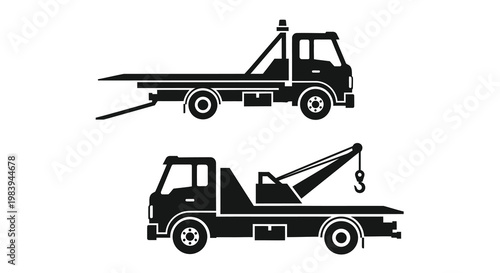 Two black tow trucks depicted in a simple graphic silhouette