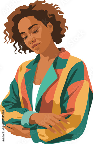 Diverse woman wearing colorful jacket looking down people vector on white background.