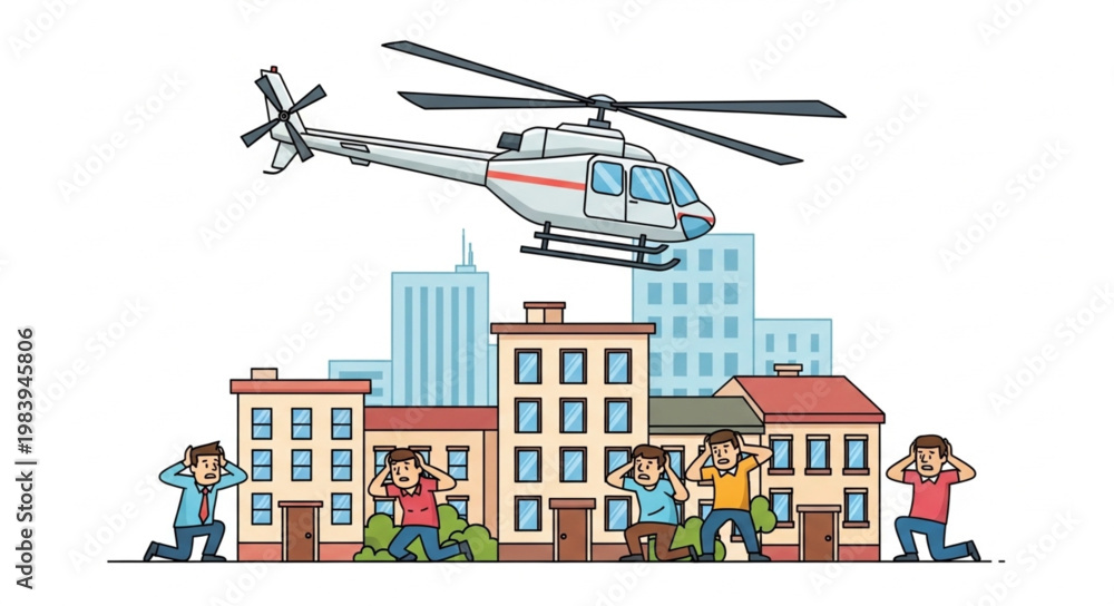 Fototapeta premium Helicopter Flying Over City Buildings With People Below.