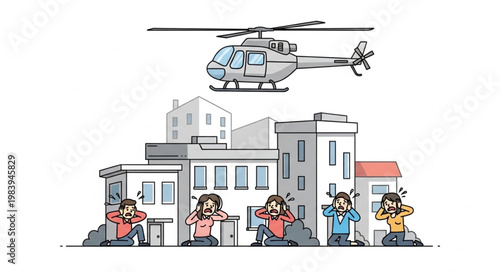 Helicopter Flying Over City Buildings With People Covering Ears.