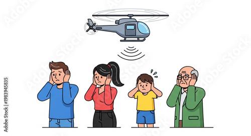 Helicopter noise pollution affecting people of different ages.