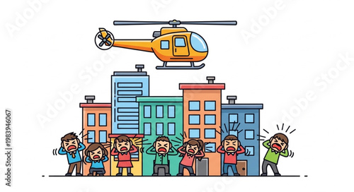 Helicopter Flying Over City Buildings Scaring People.