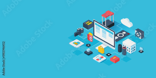Isometric illustration showcasing smart technology and interconnected digital devices