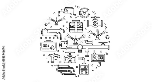 Modern irrigation system line icon collection with drip watering and sprinkler symbols vector design