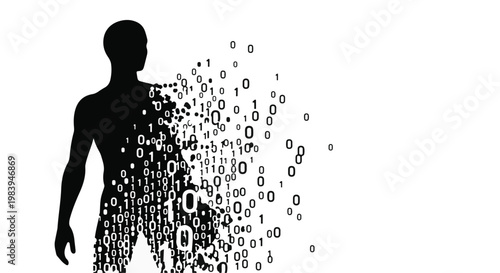 Silhouette of a person dissolving into digital data and binary code, representing transformation and technology.