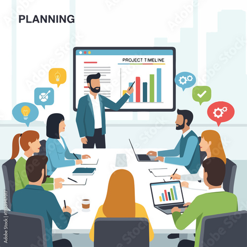 Businessman presenting project timeline to colleagues.