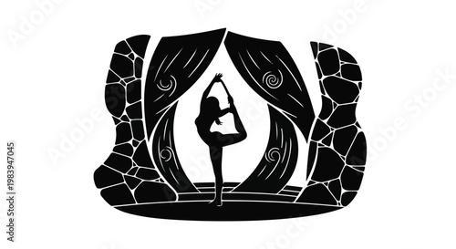 Graceful dancer performs an elegant pose on a stage with artistic curtains.