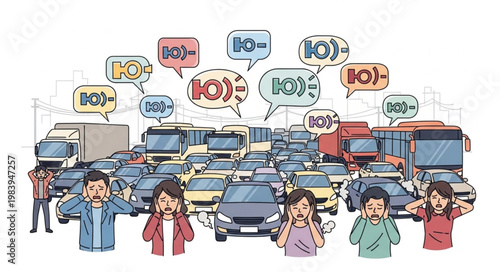 Frustrated drivers stuck in a massive traffic jam with honking horns and angry expressions.